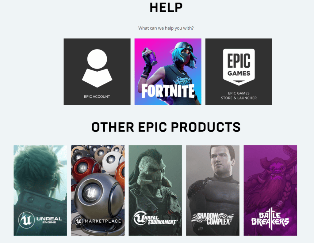 Epic Games Help Section