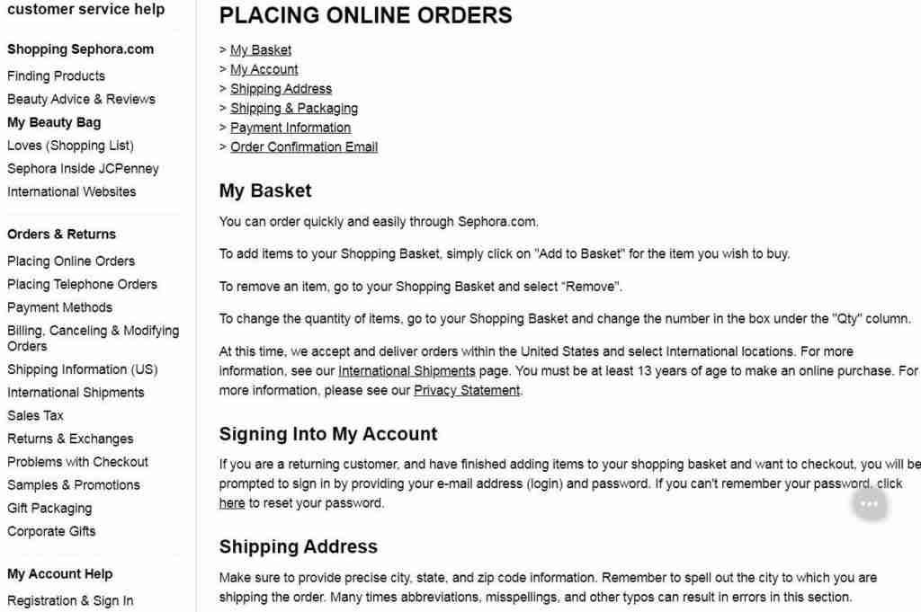 Sephora online help and FAQ