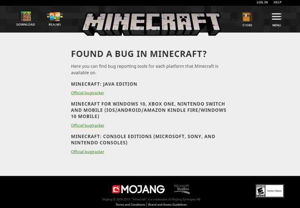 minecraft bug report