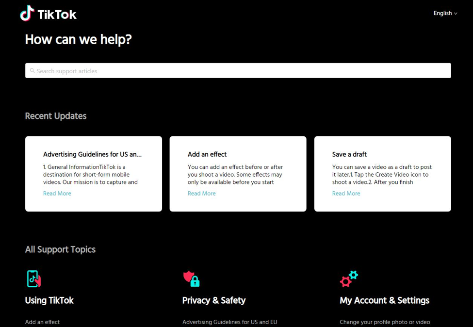 tik tok support centre