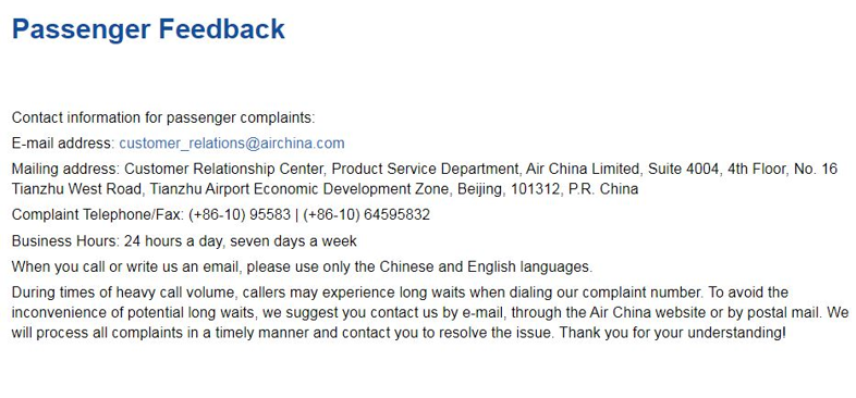 feedback and complaints airchina