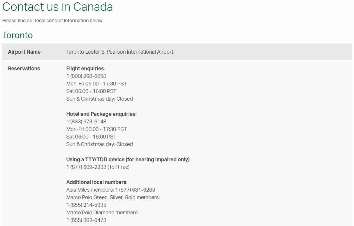 Cathay Pacific ‘Contact us in Canada’ Page