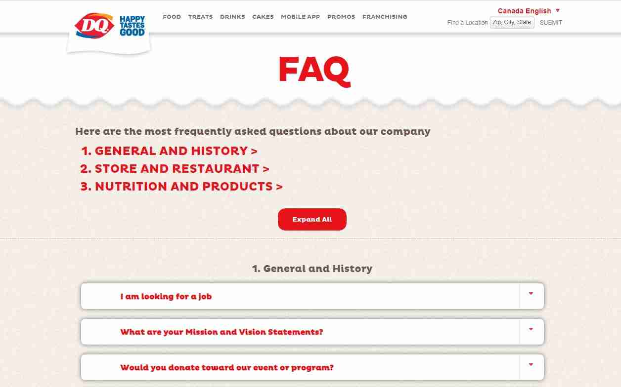  FAQs Page of Dairy Queen