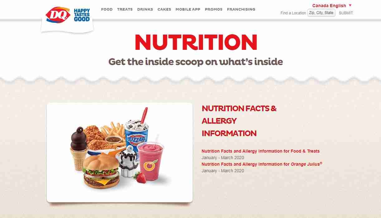 Nutrition Page of Dairy Queen