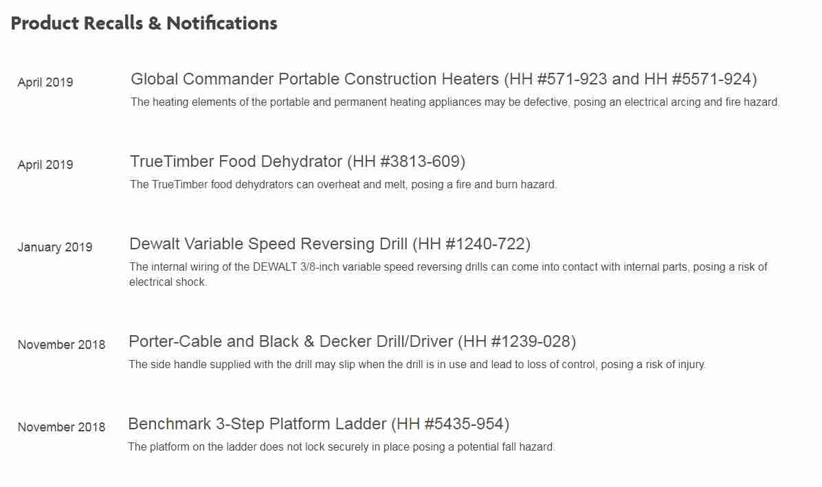  Product Recall notification on Home Hardware website