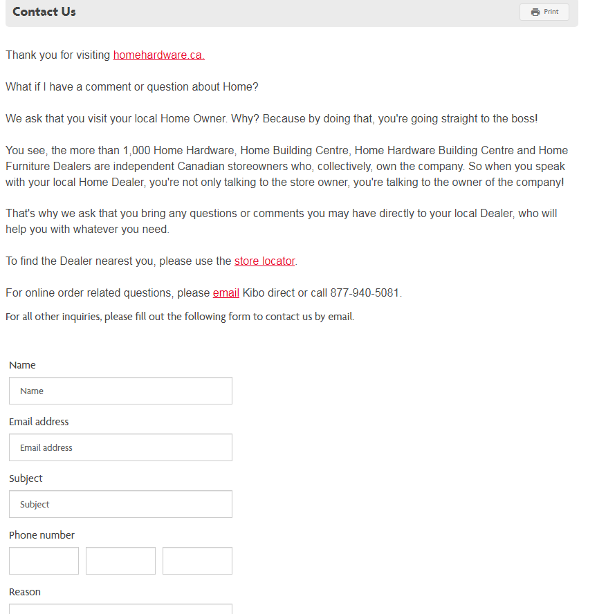 Contact Us form on Home Hardware website
