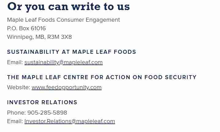 Send an e-mail to Maple leaf Foods