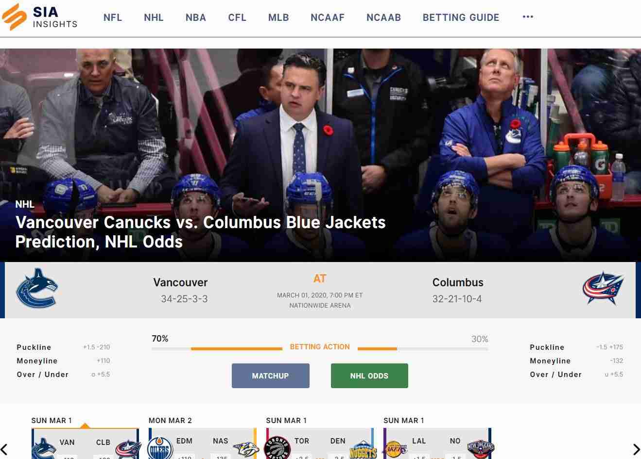 Sports Insights Page of Sports Interaction