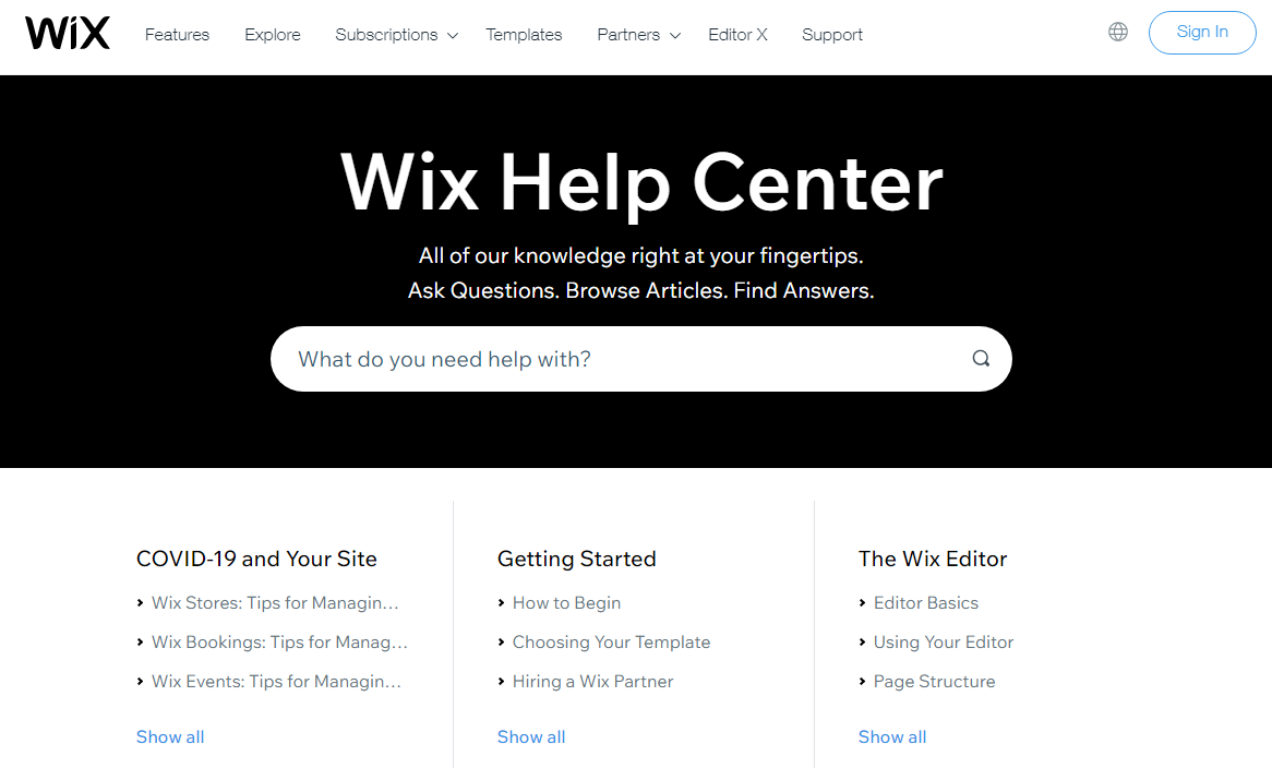 Wix support page